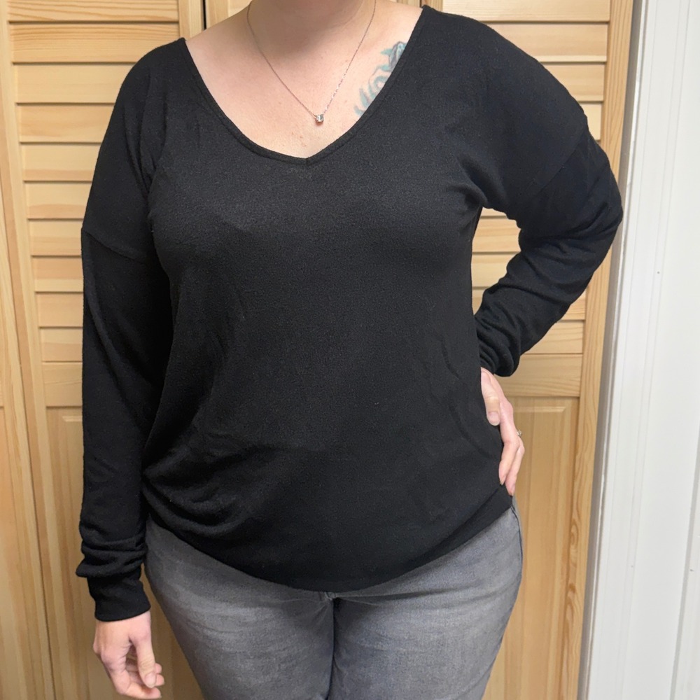 Gibsonlook V-Neck Long Sleeve Top Black Relaxed Soft Rayon Blend Large